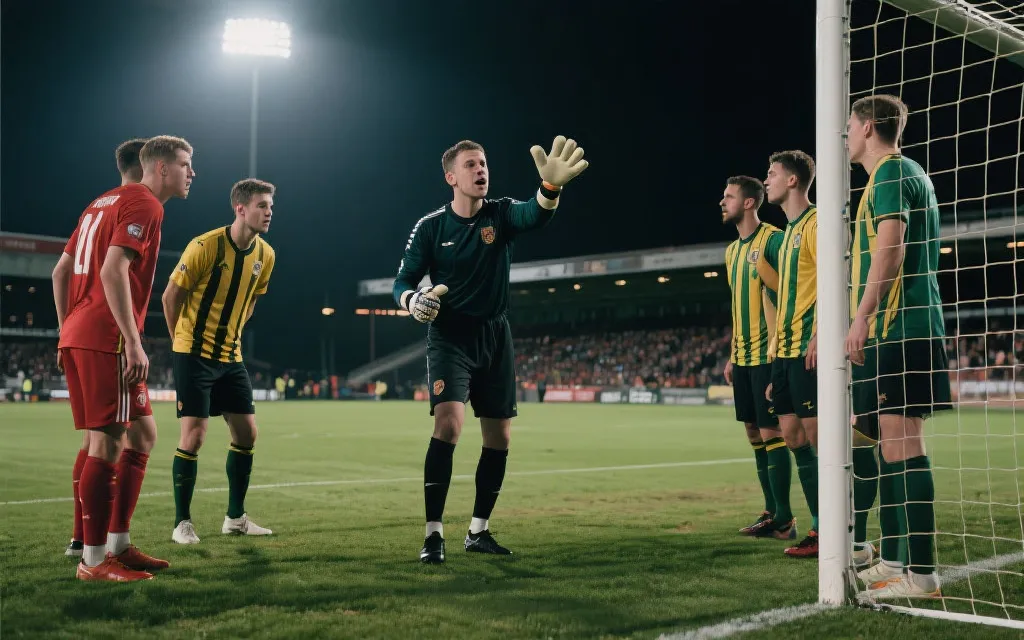 世界杯级比赛氛围下，门将指挥防线，后卫排布成线，画面具有战术感