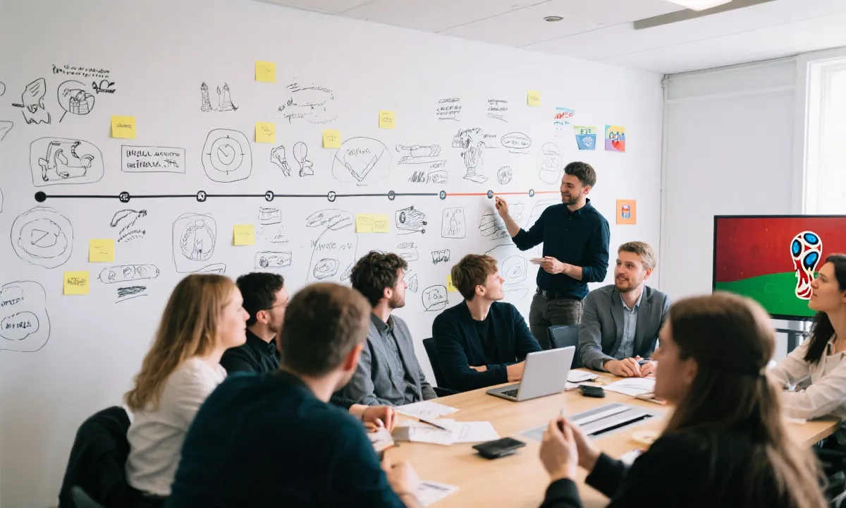 品牌团队在讨论世界杯整合营销时间线与内容规划的场景，墙上贴满时间轴和创意便签