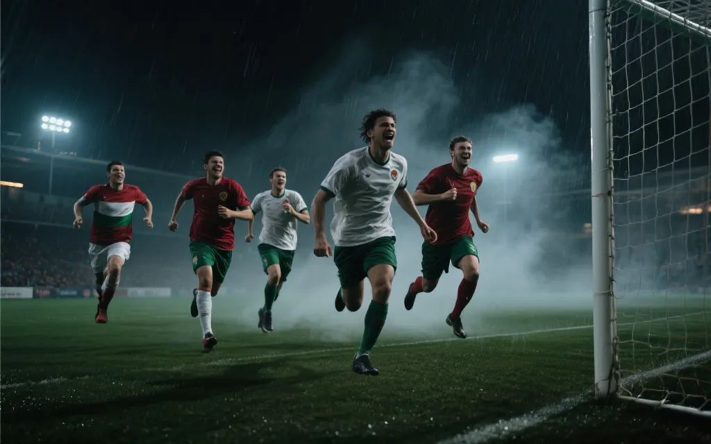 小国球队在世界杯赛场逆袭奔跑的电影感画面